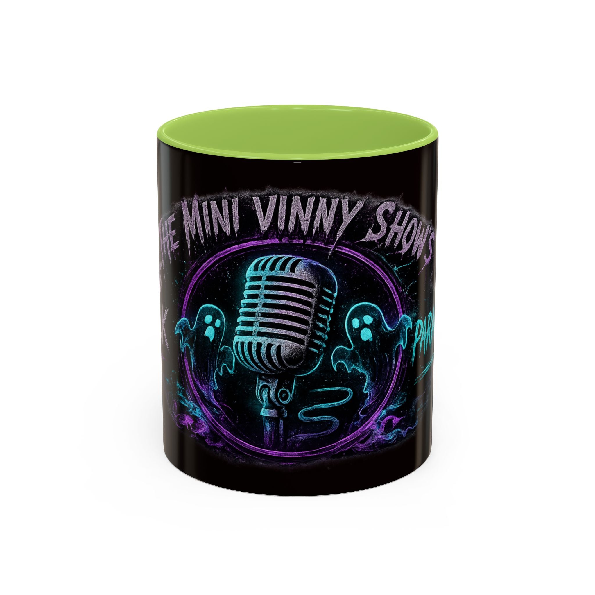 Coffee Mug — 'The Mini Vinny Show' Paranormal Podcast Neon Microphone Design