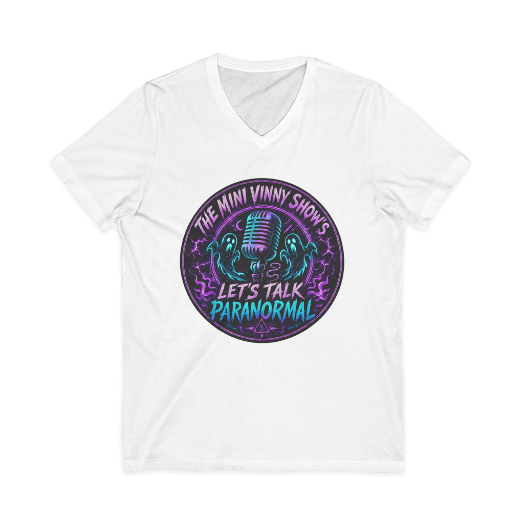 Let’s Talk Paranormal V-Neck Tee — The Mini Vinny Show Podcast Shirt