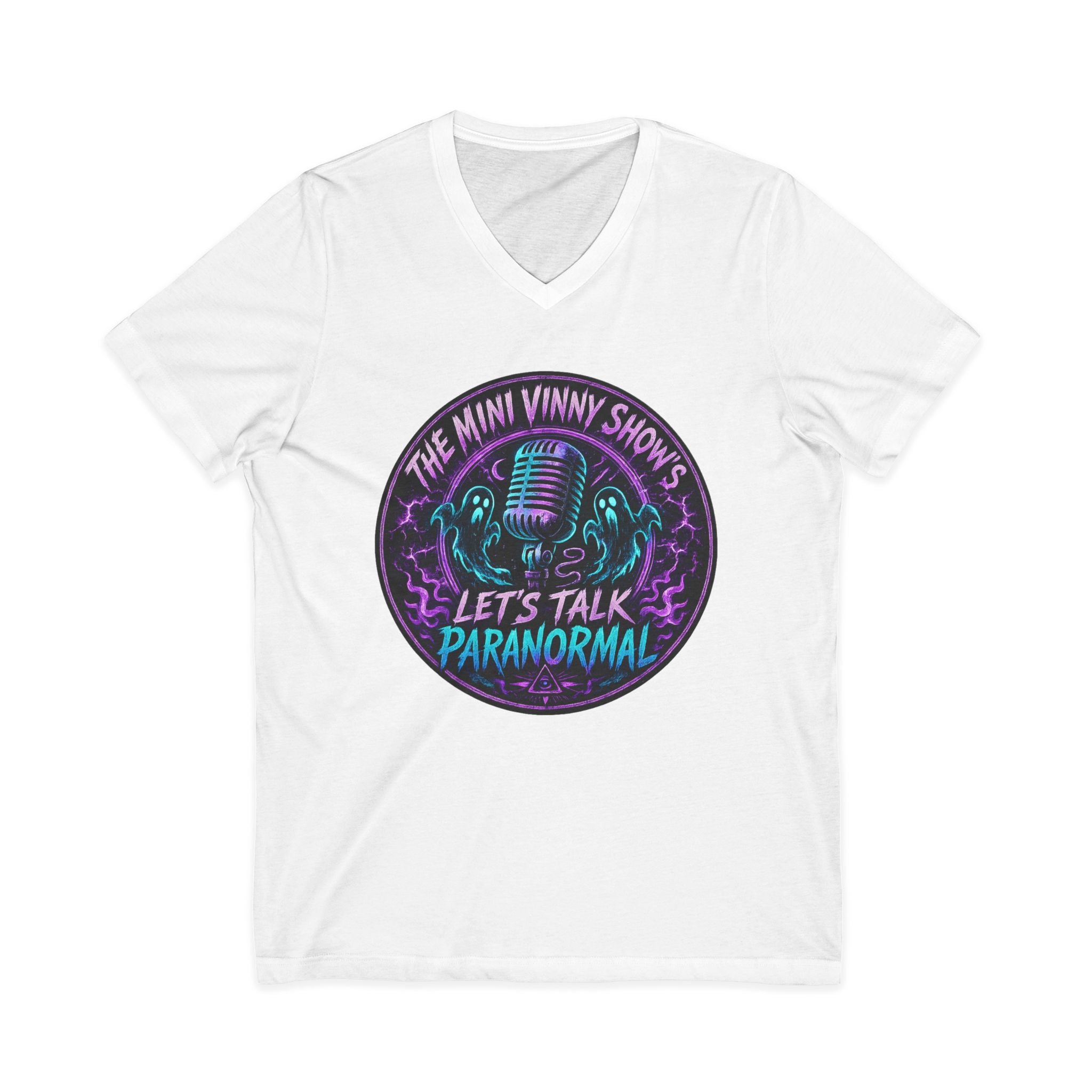 Let’s Talk Paranormal V-Neck Tee — The Mini Vinny Show Podcast Shirt