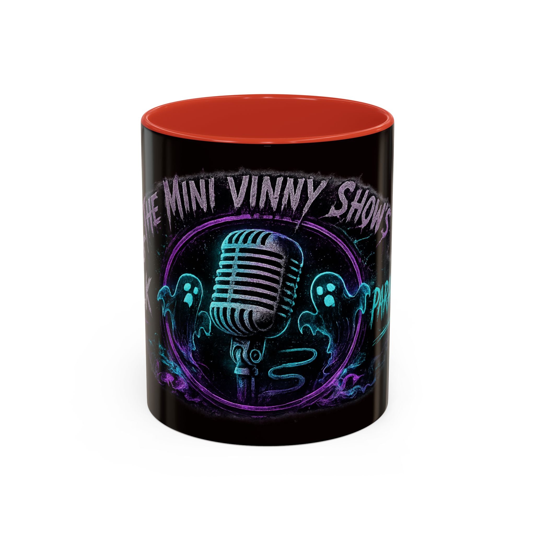 Coffee Mug — 'The Mini Vinny Show' Paranormal Podcast Neon Microphone Design