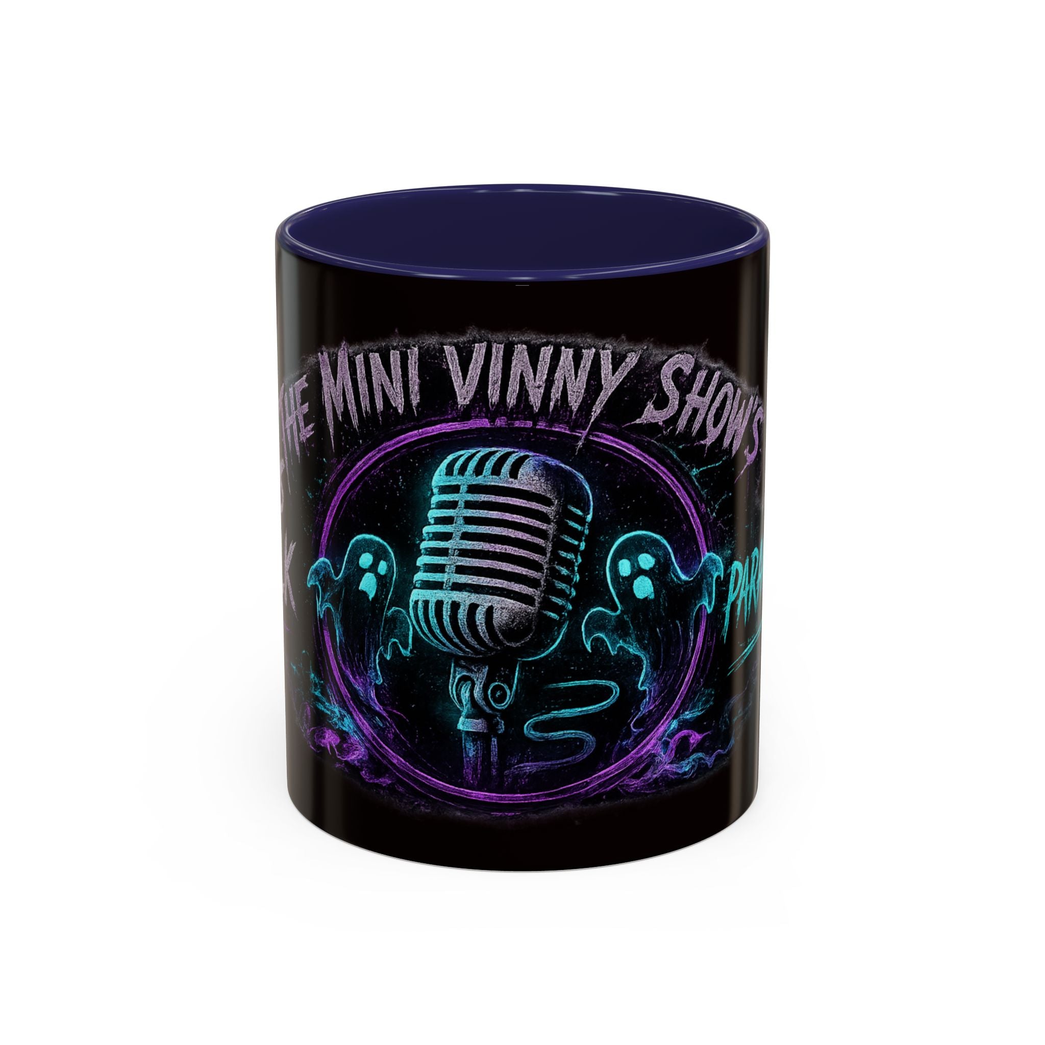 Coffee Mug — 'The Mini Vinny Show' Paranormal Podcast Neon Microphone Design