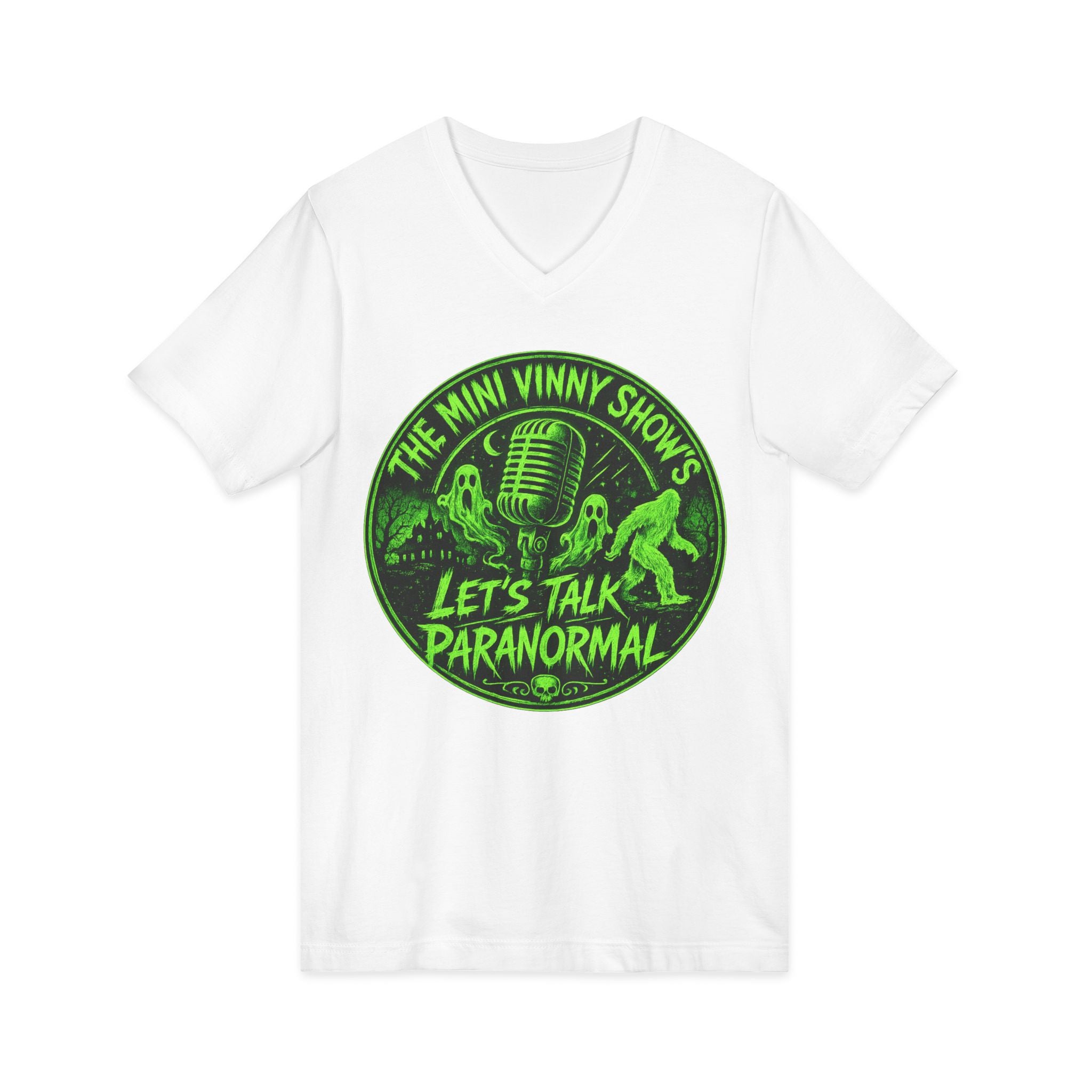 Let’s Talk Paranormal V-Neck Tee – The Mini Vinny Show Podcast Shirt