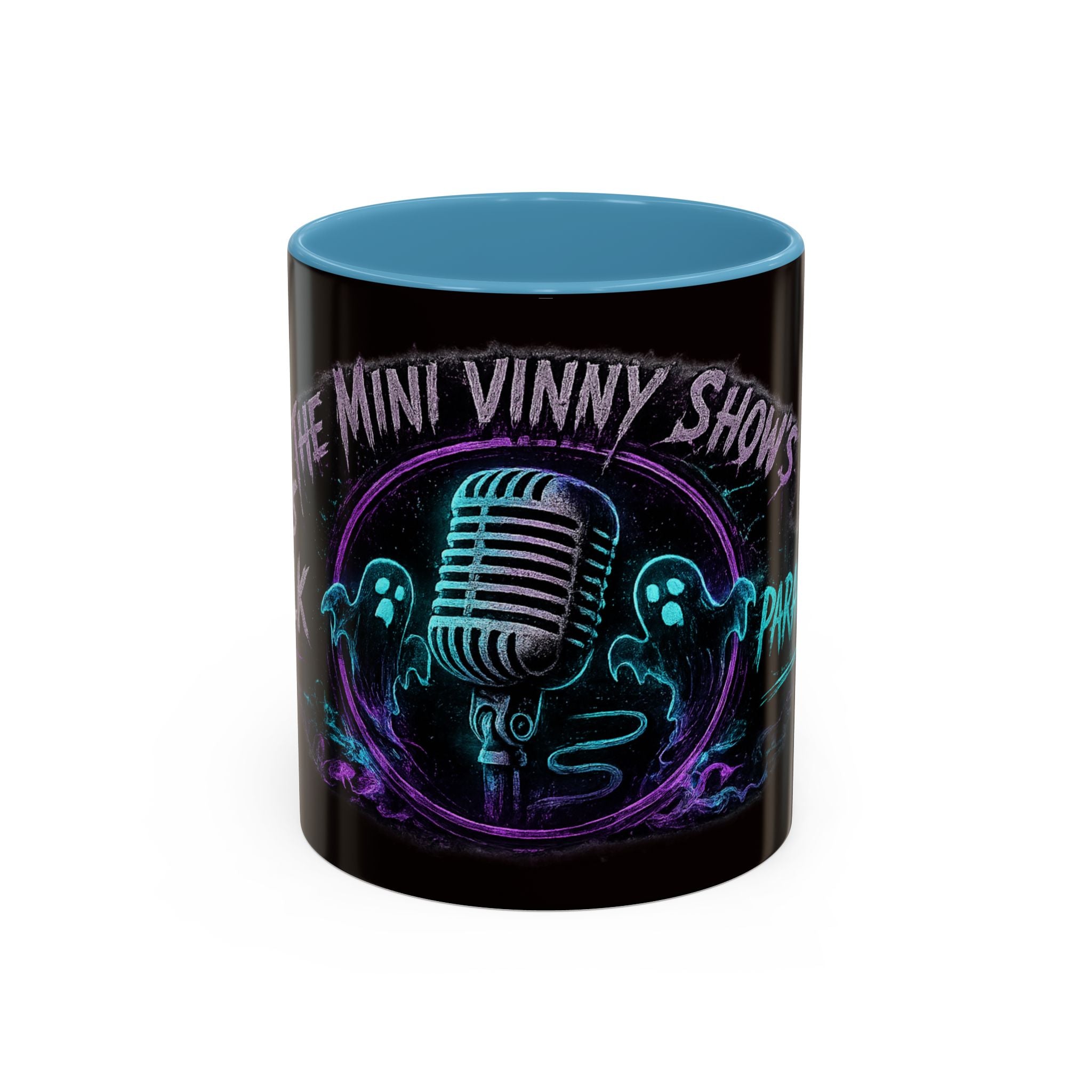 Coffee Mug — 'The Mini Vinny Show' Paranormal Podcast Neon Microphone Design