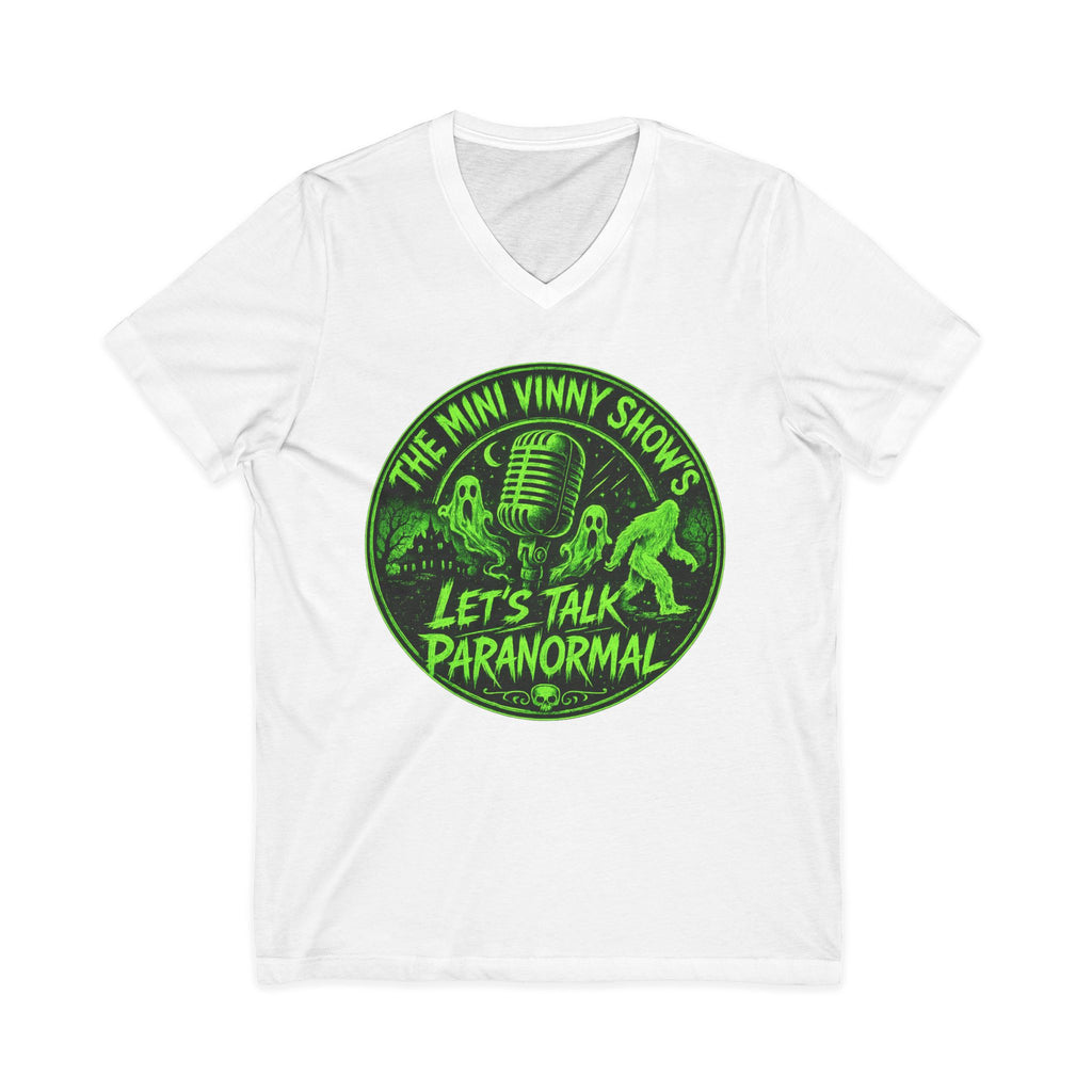 Let’s Talk Paranormal V-Neck Tee – The Mini Vinny Show Podcast Shirt