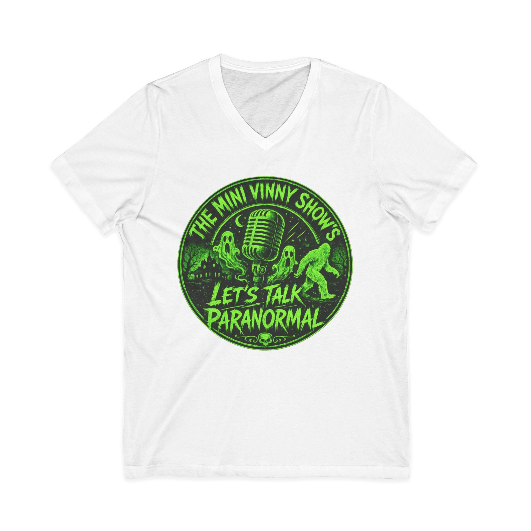 Let’s Talk Paranormal V-Neck Tee – The Mini Vinny Show Podcast Shirt