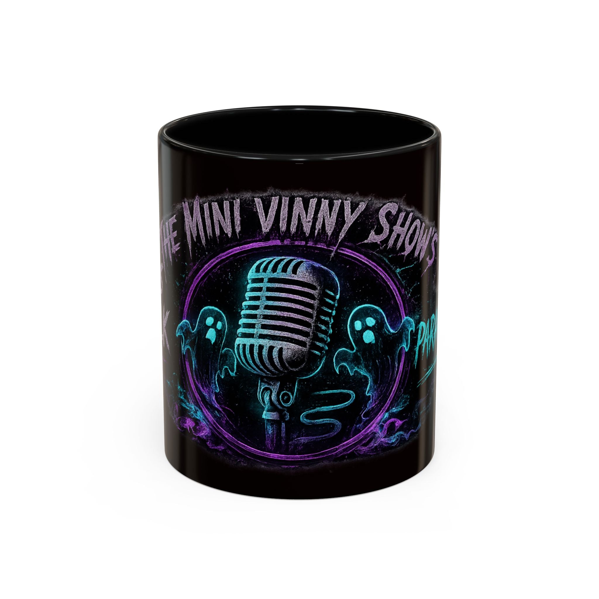Coffee Mug — 'The Mini Vinny Show' Paranormal Podcast Neon Microphone Design
