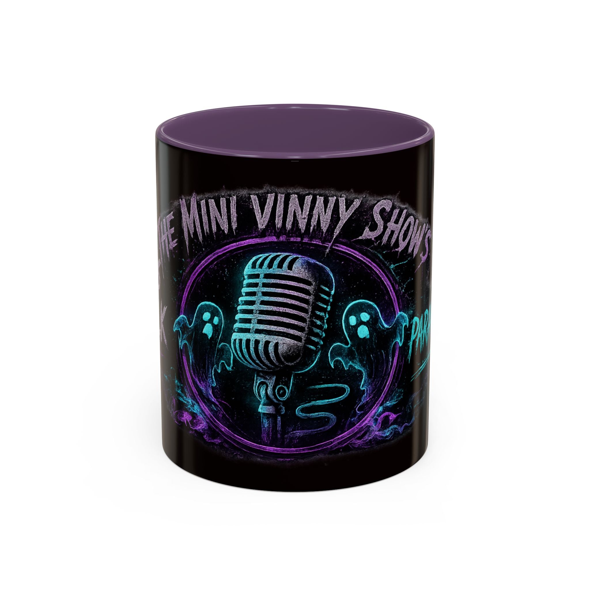Coffee Mug — 'The Mini Vinny Show' Paranormal Podcast Neon Microphone Design