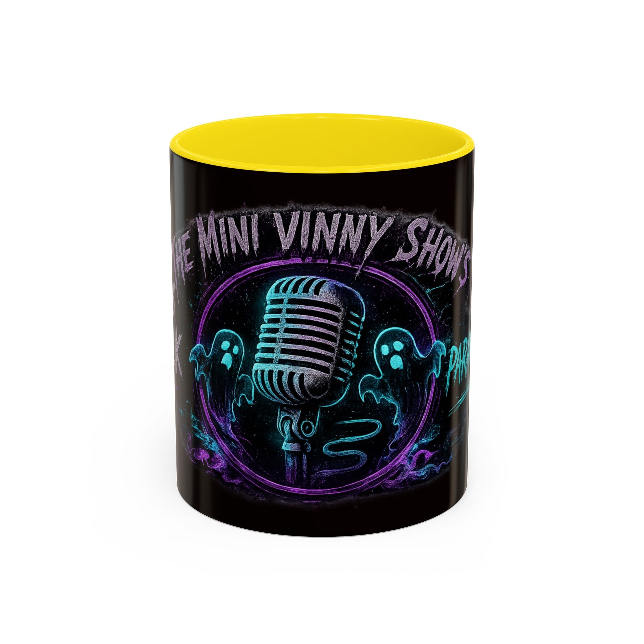 Coffee Mug — 'The Mini Vinny Show' Paranormal Podcast Neon Microphone Design
