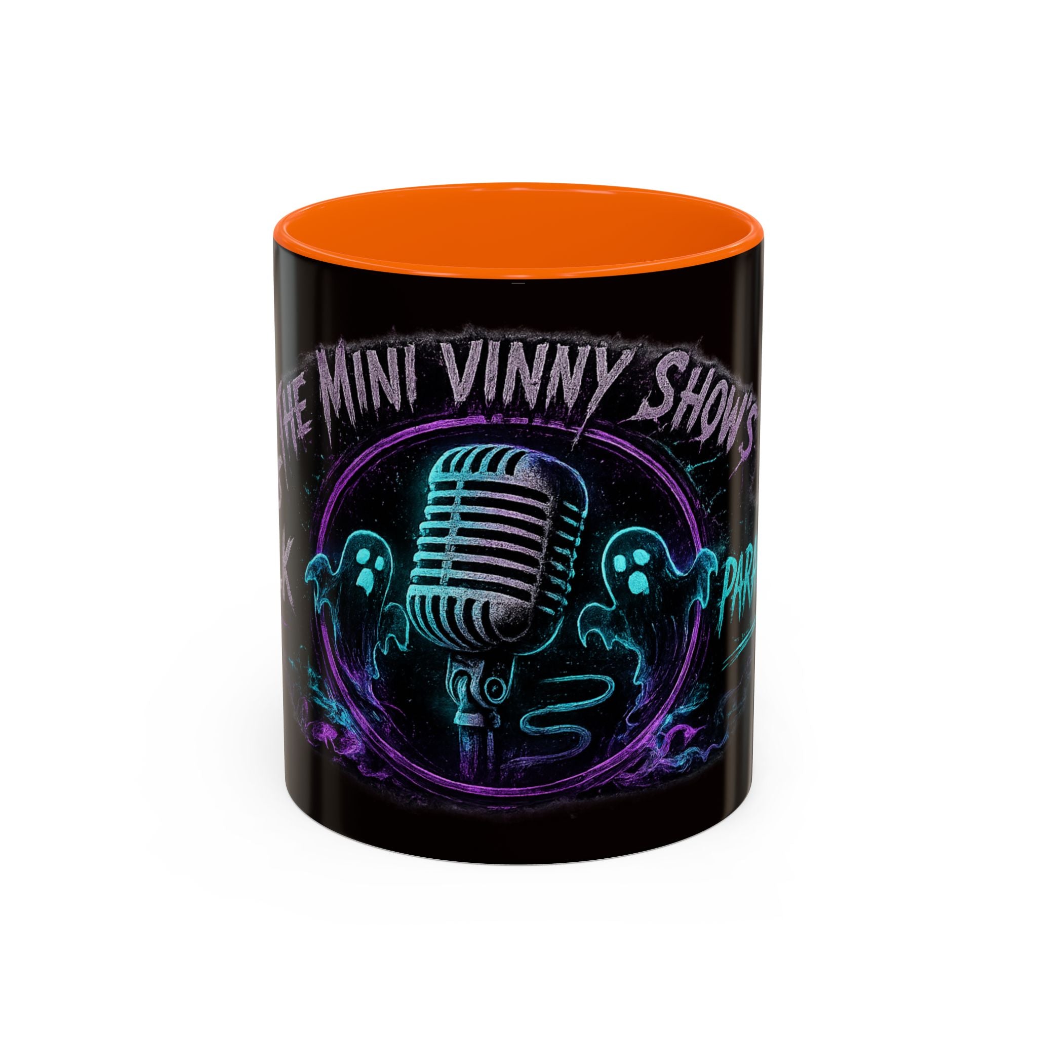 Coffee Mug — 'The Mini Vinny Show' Paranormal Podcast Neon Microphone Design