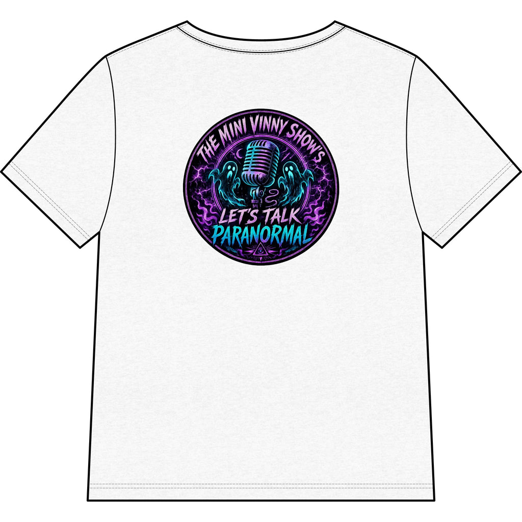 Let's Talk Paranormal V-Neck Tee — 'The Mini Vanly Show' Retro Microphone Design