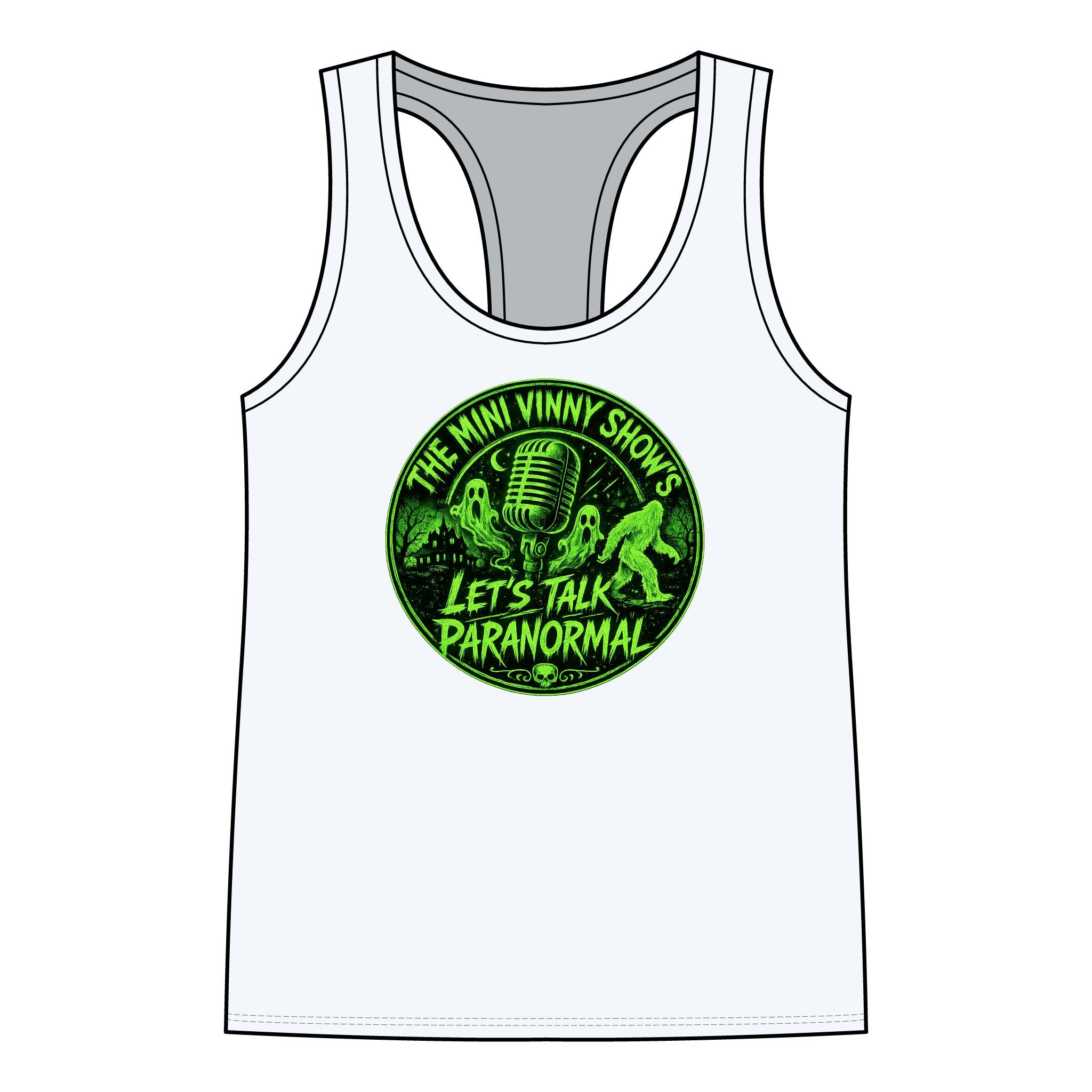 Racerback Tank — “The Mini Vinny Show’s Let’s Talk Paranormal” Neon Green Logo