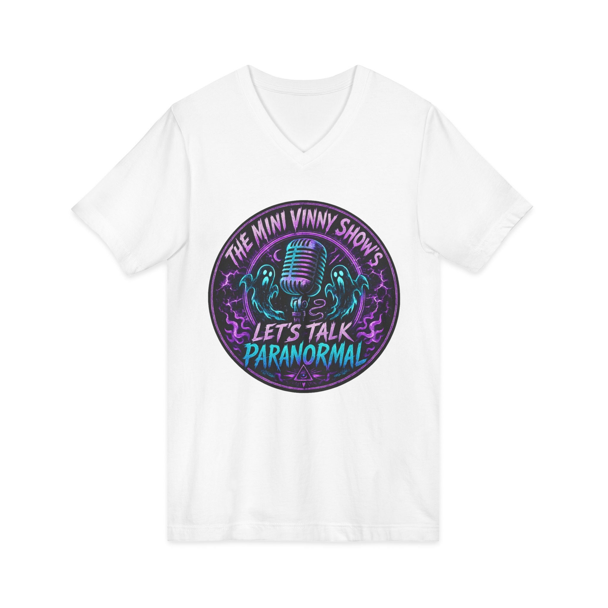 Let’s Talk Paranormal V-Neck Tee — The Mini Vinny Show Podcast Shirt